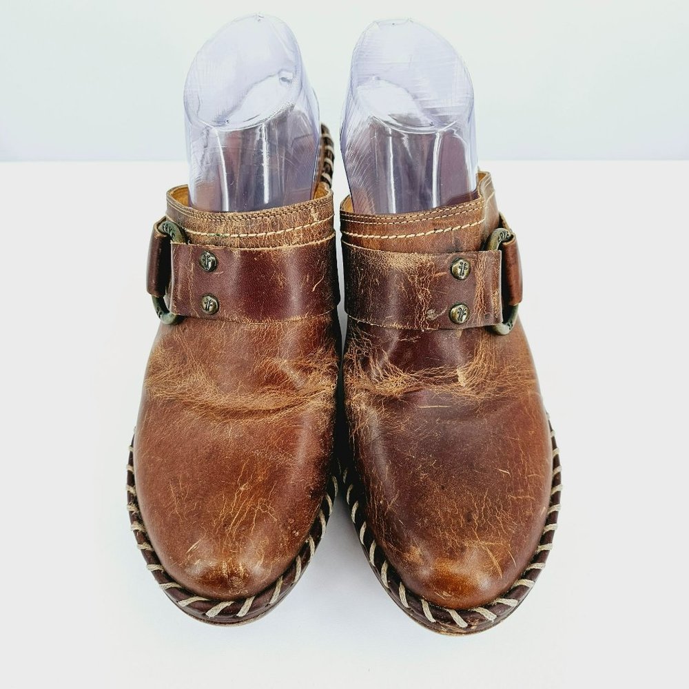 Frye Charlotte Ring Mules Clogs 9.5 M Brown Leather Distressed Stitched Rivets - Picture 5 of 16